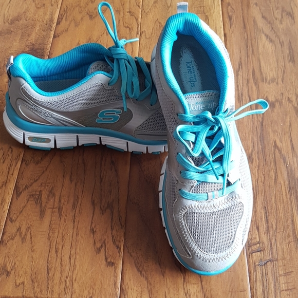 Sketchers Tone-Ups Fitness Grey/Turquoise Women's Size 7.5 - Picture 2 of 12
